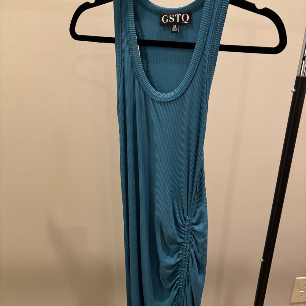Teal Asymmetrical Ruched Bodycon Dress